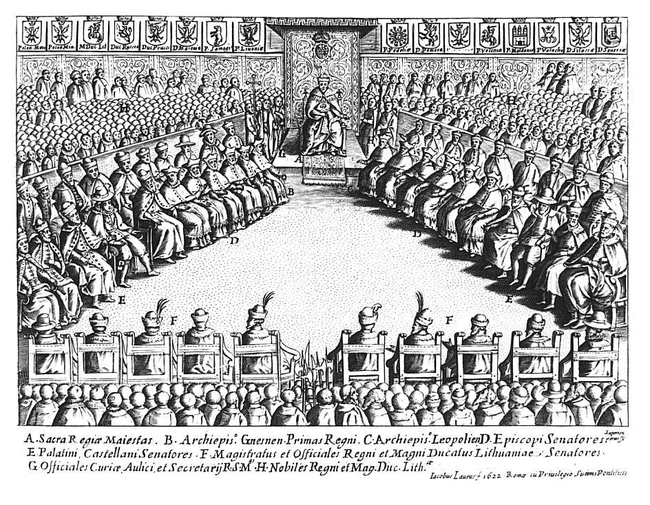 Na sali stoją ustawione w trójkąt krzesła i stele, na których siedzą senatorowie. U szczytu trójkąta stoi okazały tron, na którym zasiada król w koronie. Za senatorami rzędy głów stojących posłów.