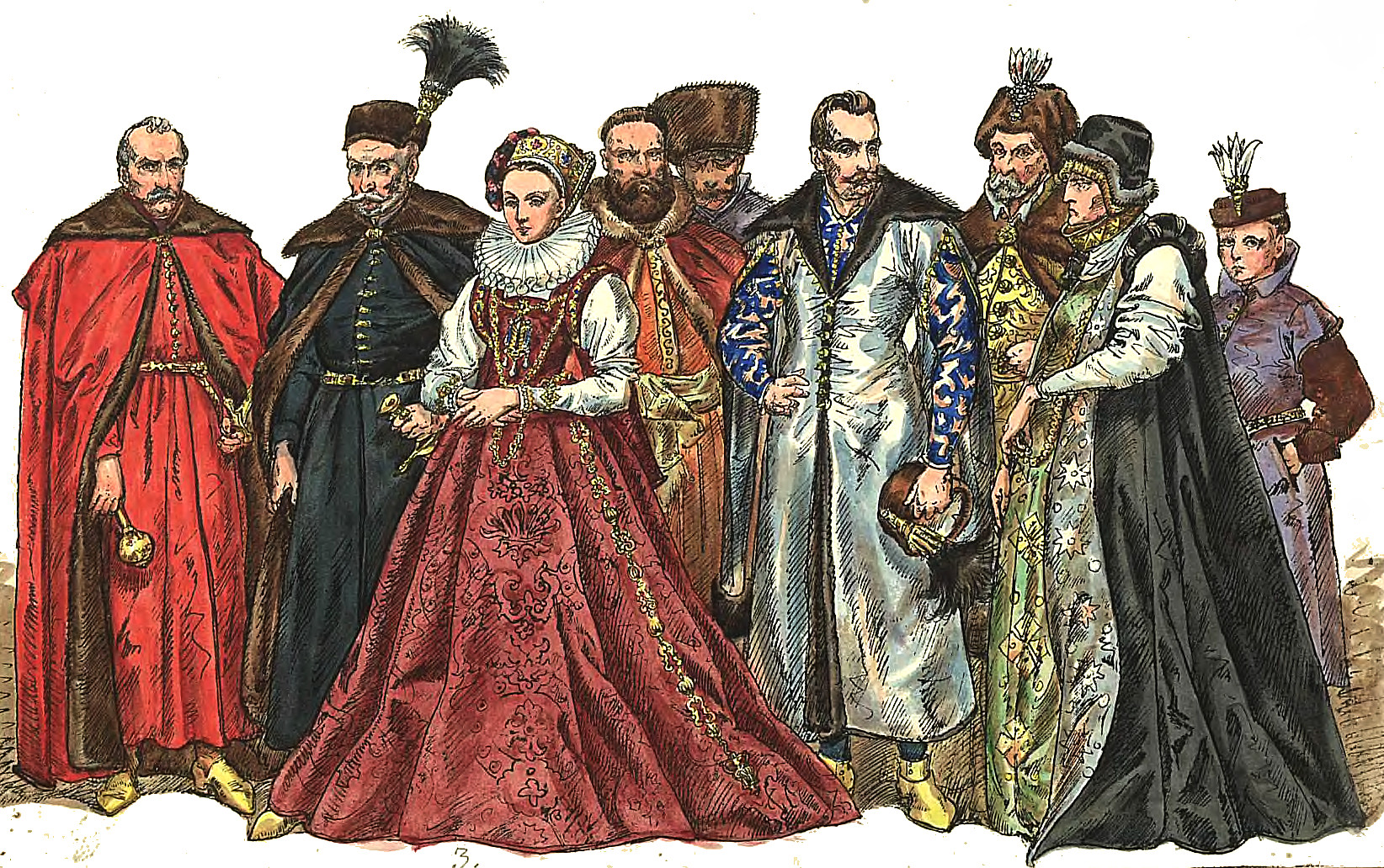 Grupa bogato ubranych szlachciców w kolorowych żupanach i deliach w towarzystwie jednej kobiety w okazałej sukni z kryzą