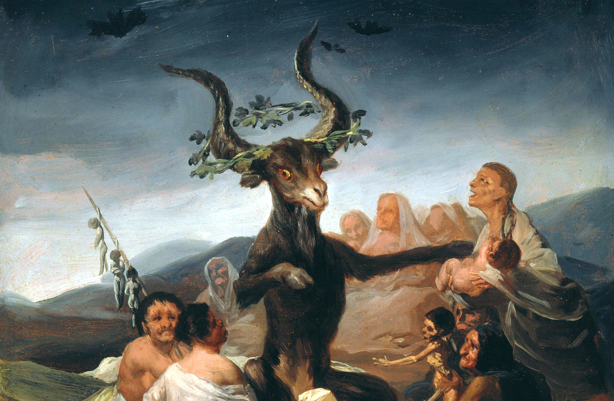 Diabeł w postaci czarnego kozła z potężnymi krętymi rogami siedzi w otoczeniu wiejskich kobiet. Jedna z nich podaje mu noworodka.