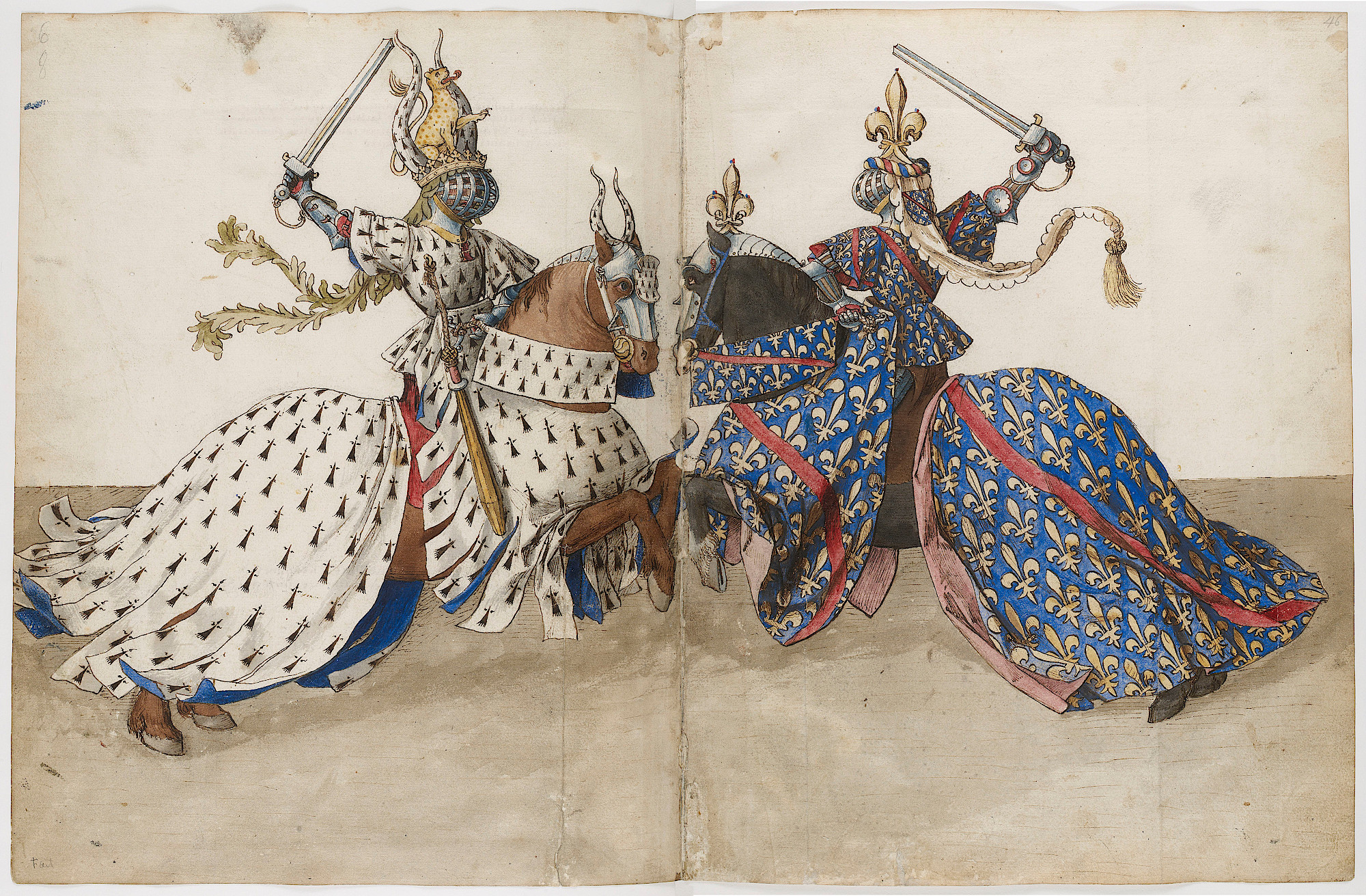 Średniowieczna iluminacja przedstawiająca dwóch walczących rycerzy. Obaj siedzą na przeciw siebie na lekko wspiętych koniach i trzymają w wzniesione miecze. Na zasłaniających całą twarz hełmach znajdują się klejnoty heraldyczne, podobnie jak na głowach koni. Obaj walczący mają na sobie szaty heraldyczne (biały i błękitny). Konie okryte są szatami heraldycznymi.