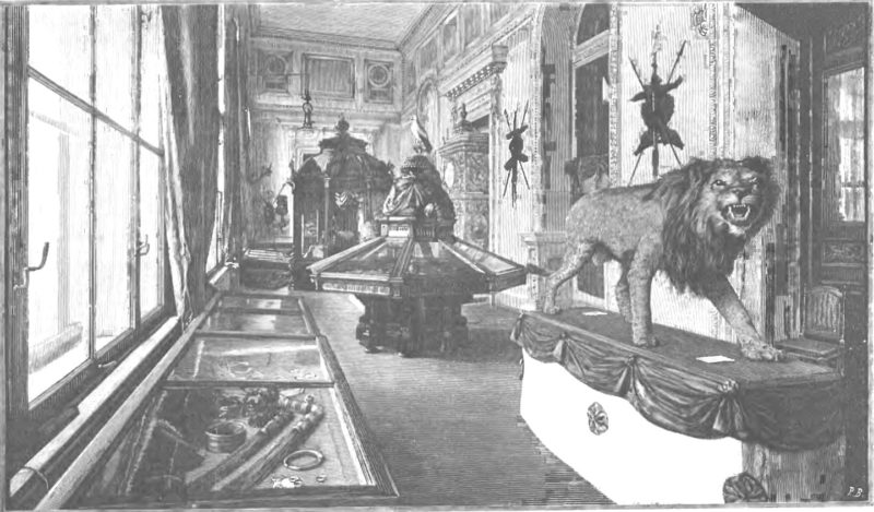 Wystawa etnograficzna Leopolda Janikowskiego w Muzeum Przemysłu i Rolnictwa (fot. „Tygodnik Ilustrowany”, nr 45, 8 września 1890 r., s. 300) Podłużna sala w pałacowym wnętrzu z dużymi oknami. Pod oknami oraz na środku sali stoją gabloty z ekspnatami. Na pierwszym planie widoczny wypchany lew z otwartym pyskiem.