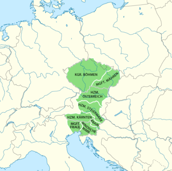 Konturowa mapa Europy środkowej z zaznaczonym na zielono terytorium opanowanym przez Przemysława Ottokara II