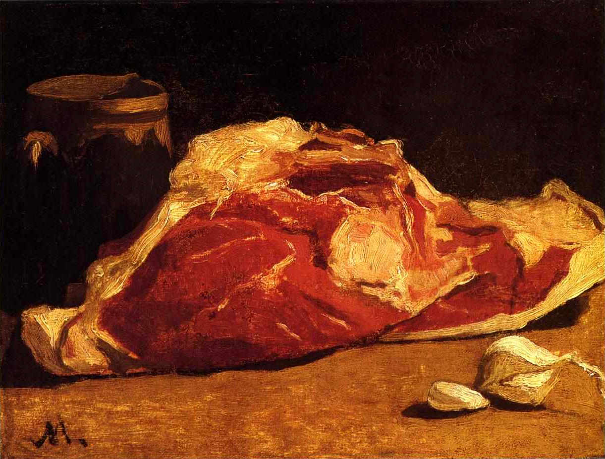 Obraz przedstawiający duży kawał surowego mięsa.