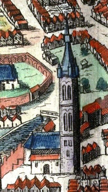 Zbliżenie na kolegiatę na sztychu z dzieła Brauna i Hogenberga.