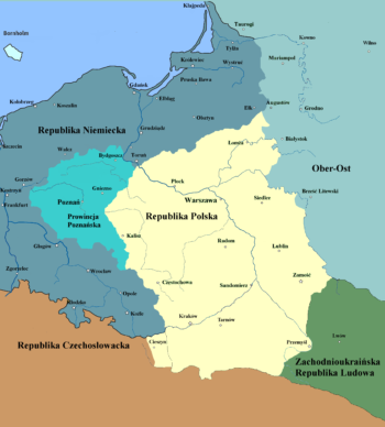 Kontrurowa mapa ziem polskich z zaznaczonymi terytoriami Prowincji Poznańskiej, Republiki Polskiej i państw ościennych.