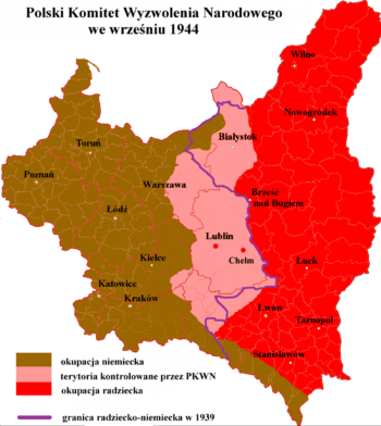 Terytorium kontrolowane formalnie przez PKWN we wrześniu 1944 r. (rys. Maciej Szczepańczyk i Poznaniak, CC BY-SA 4.0)