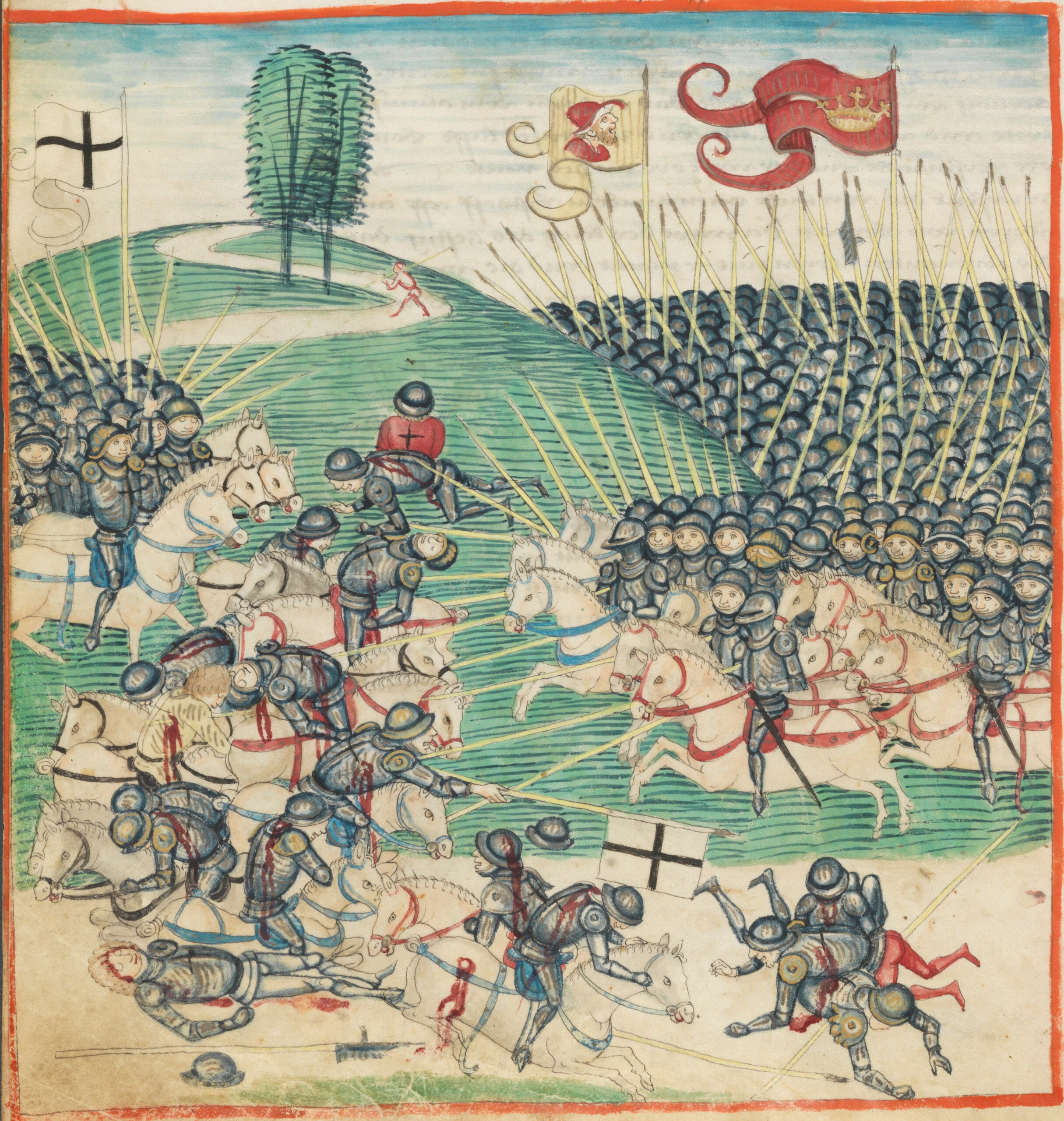 Bitwa pod Grunwaldem na miniaturze kroniki Diebolda Schillinga. Zza zielonego wzgórza wyjeżdżają gęste szeregi polskich rycerzy w jednakowych zbrojach i hełmach oraz z długimi kopiami. Nad nimi powiewa czerwona chorągiew z otwartą koroną. Naprzeciw nich z lewej strony kadru wyjeżdża mniejsza (lub jeszcze niewidoczna w całości) grupa podobnych rycerzy pod chorągwią z czarnym krzyżem na białym tle. W środku kadru u stóp wzgórza ścierają się pierwsze szeregi rycerzy.