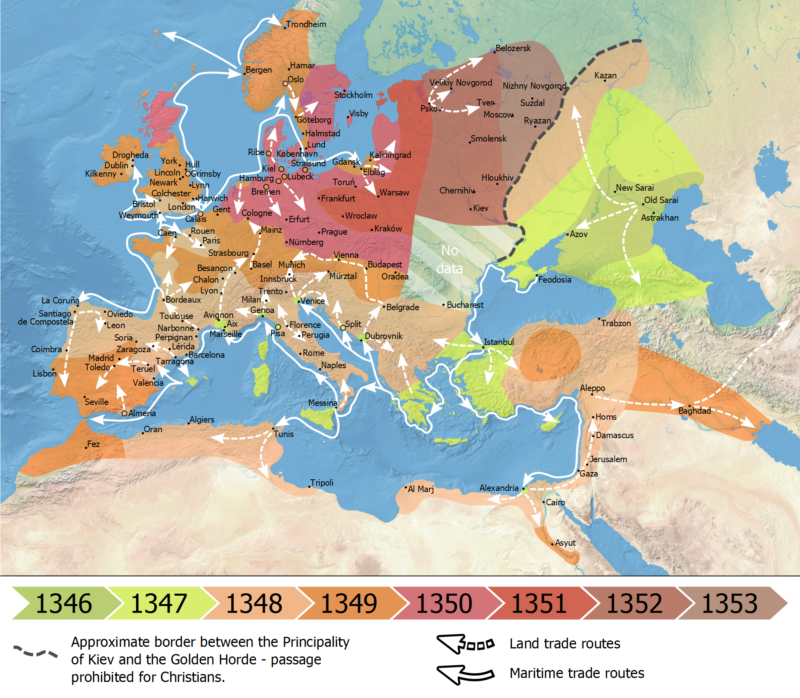 Mapa Europy obrazująca za pomocą kolorów i strzałek rozprzestrzenianie się czarnej śmierci w Europie. Wg tej mapy dżuma nie ominęła Polski.