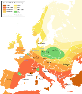 Konturowa mapa Europy z zaznaczonymi postępami pierwszej epidemii czarnej śmierci. Wg mapy dżuma ominęła Polskę, która zaznaczona jest zielonym kolorem.