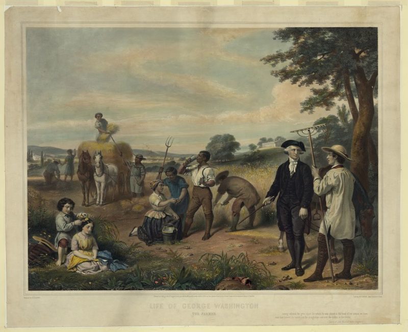 George Washington w swojej posiadłości Mount Vernon. Obraz Juniusa Brutusa Stearnsa na grafice Auguste’a Jacques’a Régniera (ze zbiorów Biblioteki Kongresu USA, ID pga.02419)