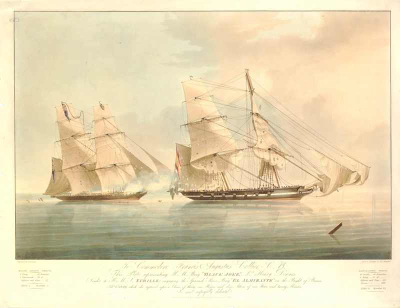 Brytyjski okręt HMS Black Joke ostrzeliwuje hiszpański statek niewolniczy, grafika na podstawie obrazu Nicholasa Matthewsa Condy’ego, 1827 r. (ze zbiorów British Musuem, nr 1940,1214.54, CC BY-NC-SA 4.0)