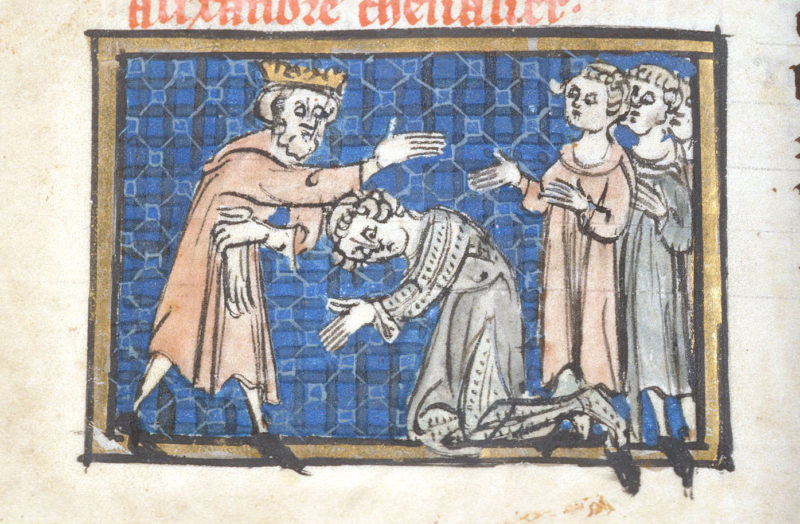 Pasowanie na rycerza na średniowiecznej miniaturze. Pasowany klęczy w zbroi z rękoma złożonymi jak do modlitwy. Przed nim postać w koronie (król) wyciąga nad nim prawą rękę ze zdjętą rękawicą.