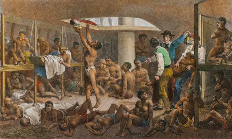 Zniewoleni Afrykańczycy transportowani na statku przez Atlantyk, obraz Johanna Moritza Rugendasa, ok. 1830 r. (obraz ze zbiorów Museo Itaú Cultural w São Paulo)