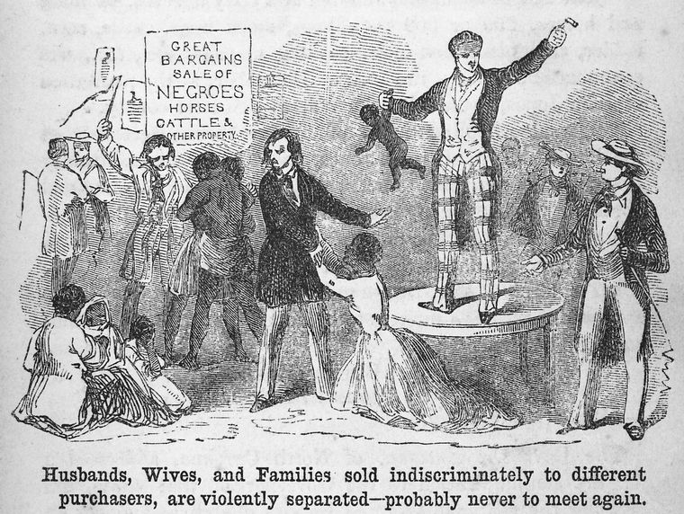 Zniewolone rodziny brutalnie rozdzielane i sprzedawane różnym osobom, prawdopodobnie nigdy więcej już się nie spotkały”, grafika z 1853 r. (domena publiczna)
