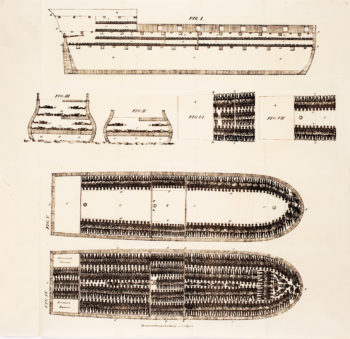 Ilustracja przedstawiająca rozmieszczenie niewolników na czterech pokładach statku, ok. 1822 r. (ze zbiorów Bibliotheek van het Vredespaleis w Amseterdamie, domena publiczna)
