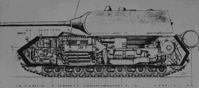 Czołg Maus – czarno-biały rysunek przedstawiający rzut z boku i pojazdu. Widoczne wnętrze kadłuba.