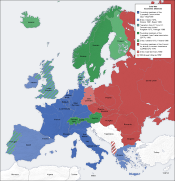 Konturowa mapa Europy pokazująca państwa należące do Wspólnot Europejskich, Europejskiego Stowarzyszenia Wolnego Handlu oraz RWPG.