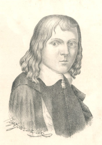 Młody Stanisław Orzechowski. Czarno-biała rycina przedstawiająca młodego mężczyznę (popiersie) o falujących włosach sięgających ramion.