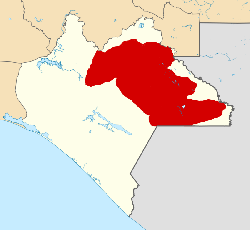 Mapa konturowa przedstawiająca stan Chiapas. Na czerwono zaznaczono obszary, które kontrolują zapatyści.
