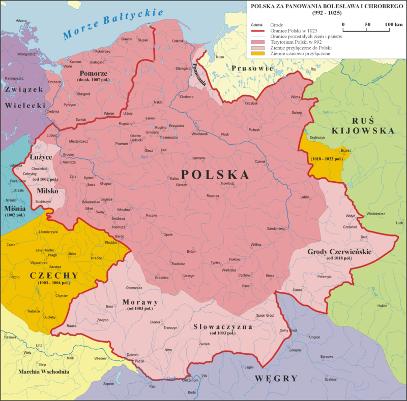Mapa polityczna obrazująca zmiany granic władztwa Bolesława Chrobrego.