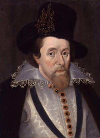 Jakub I Stuart na portrecie autorstwa Johna de Critza, wczesnosiedemnastowieczna kopia obrazu z 1606 roku (ze zbiorów National Portrait Gallery, nr inw. NPG 548)