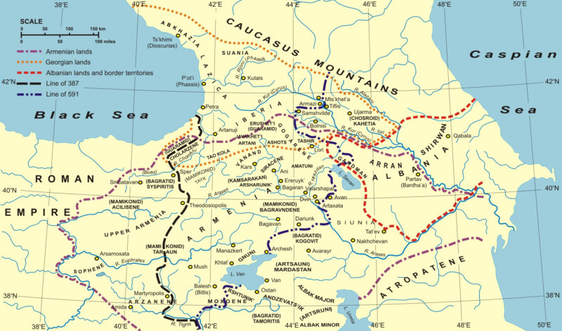Kaukaz południowy w V–VI w. n.e. Granice Albanii Kaukaskiej zaznaczone czerwoną przerywaną linią (rys. Abu Zarr, CC BY-SA 3.0)