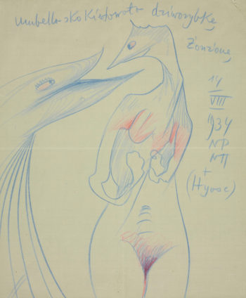 „Umbella skokietowała dziworybkę Żonżonę” – rysunek „pornografa” Witkacego (ze zbiorów Biblioteki Narodowej, sygn. R.1867/II, domena publiczna)