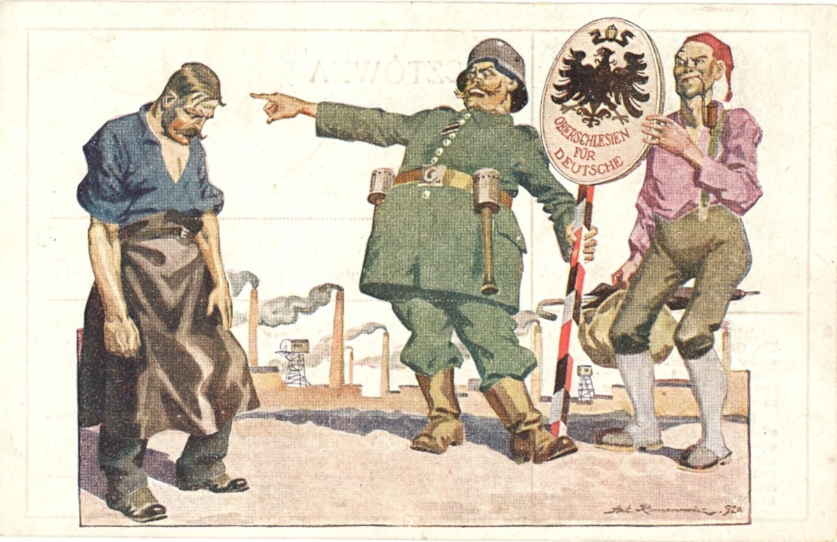 Polska pocztówka propagandowa z okresu plebiscytu na Górnym Śląsku. Podpis głosił: „Jeśli Prusak zwycięży, wygna Cię, Górnoślązaku, z ziemi twych ojców i sprowadzi w twe miejsce Niemców, gdyż w Niemczech jest przeszło 10 milionów ludzi za wiele” (projekt: Antoni Romanowicz, ze zbiorów Muzeum w Chorzowie)
