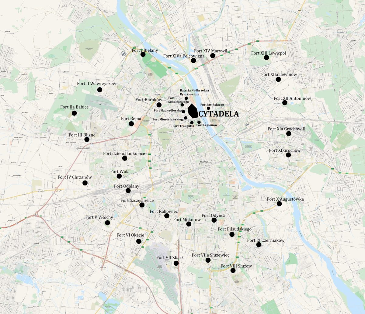 Forty Twierdzy Warszawa (rys. Sznmka na podstawie danych Open Street Map, CC BY-SA 4.0)