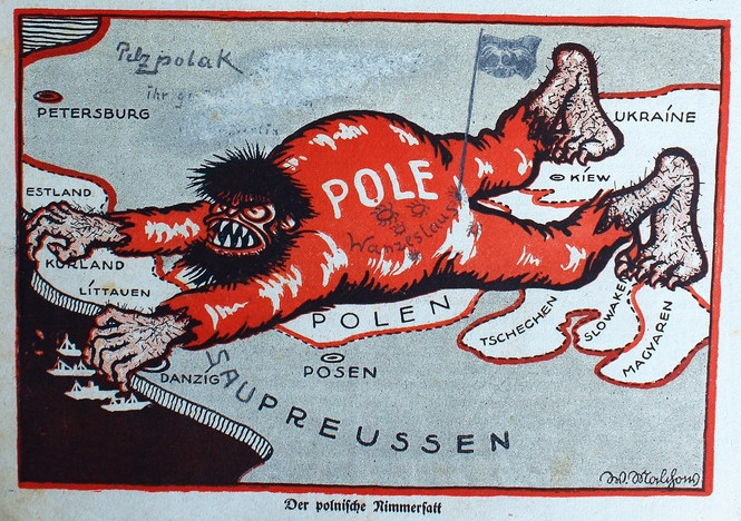 Nienasycony w swej żądzy łupów Polak na niemieckiej karykaturze; „Welt-Echo”, 14 lutego 1919 r., nr 6, s. 1 (il. domena publiczna)