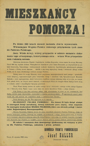 Obwieszczenie skierowane do mieszkańców Pomorza przez gen. Hallera (il. ze zbiorów Biblioteki Narodowej, sygn. DŻS IA 6 Cim., domena publiczna)
