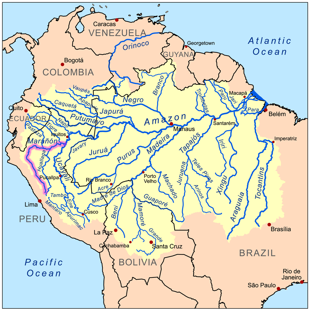 Dorzecze Amazonki z zaznaczoną rzeką Marañón (rys. Kmusser, CC BY-SA 3.0)