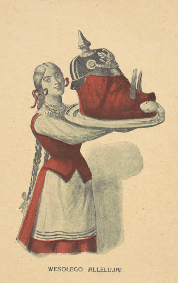 Na froncie najczęściej powtarzały się życzenia szybkiego powrotu do domu. Na ilustracji pocztówka z Królestwa Polskiego, 1915 r. (il. ze zbiorów Biblioteki Narodowej, sygn. DŻS XII 8b/p.48/11, domena publiczna)