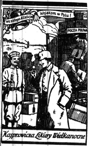 Życzenia dla żołnierzy od producenta likierów (il. „Kurier Poznański”, 1915, nr 66, s. 8)