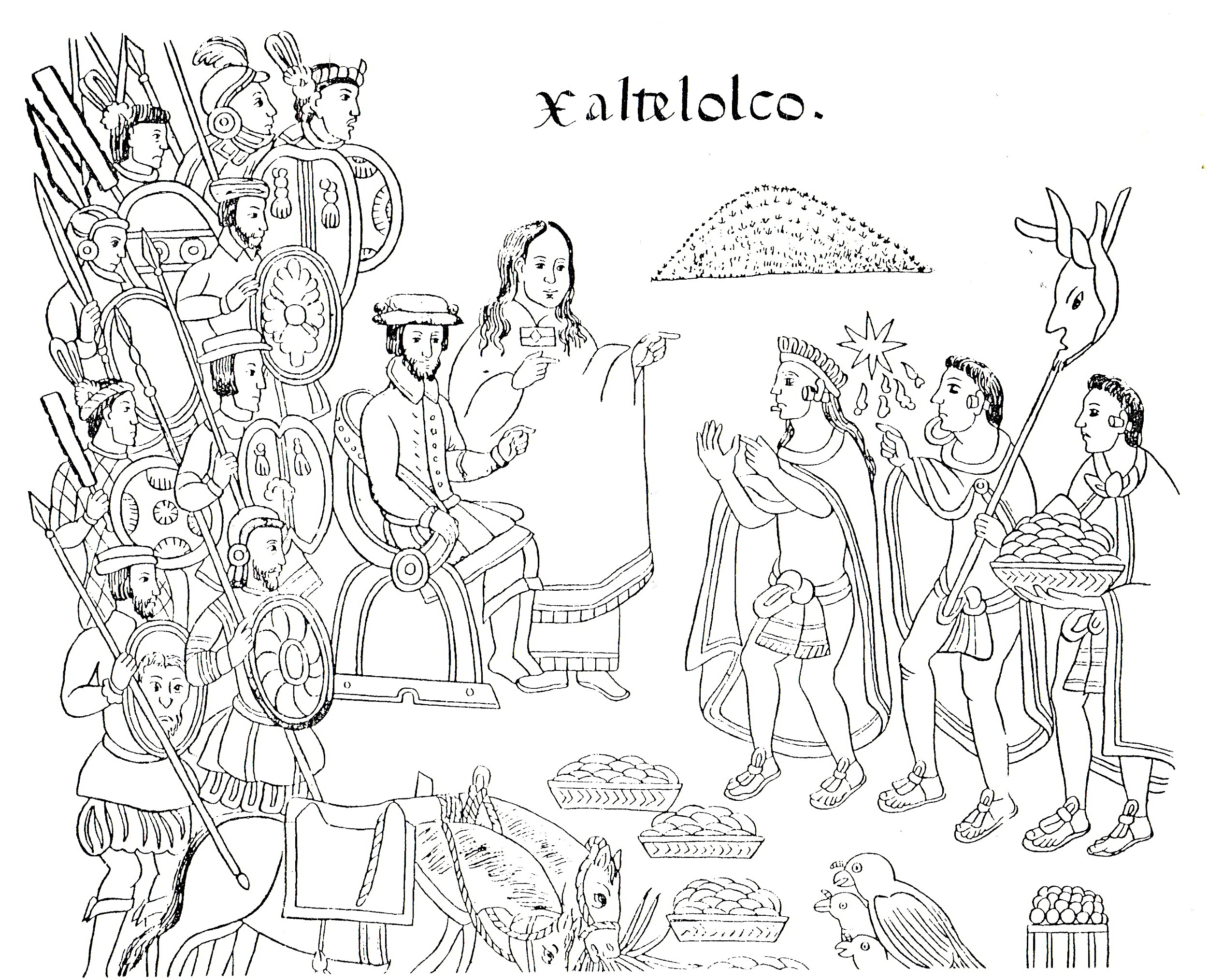 Cortez i Malinche w Tlaxcali. Rysunek z „Historii Tlaxcali” Diega Muñoza Camarga, druga połowa XVI w.