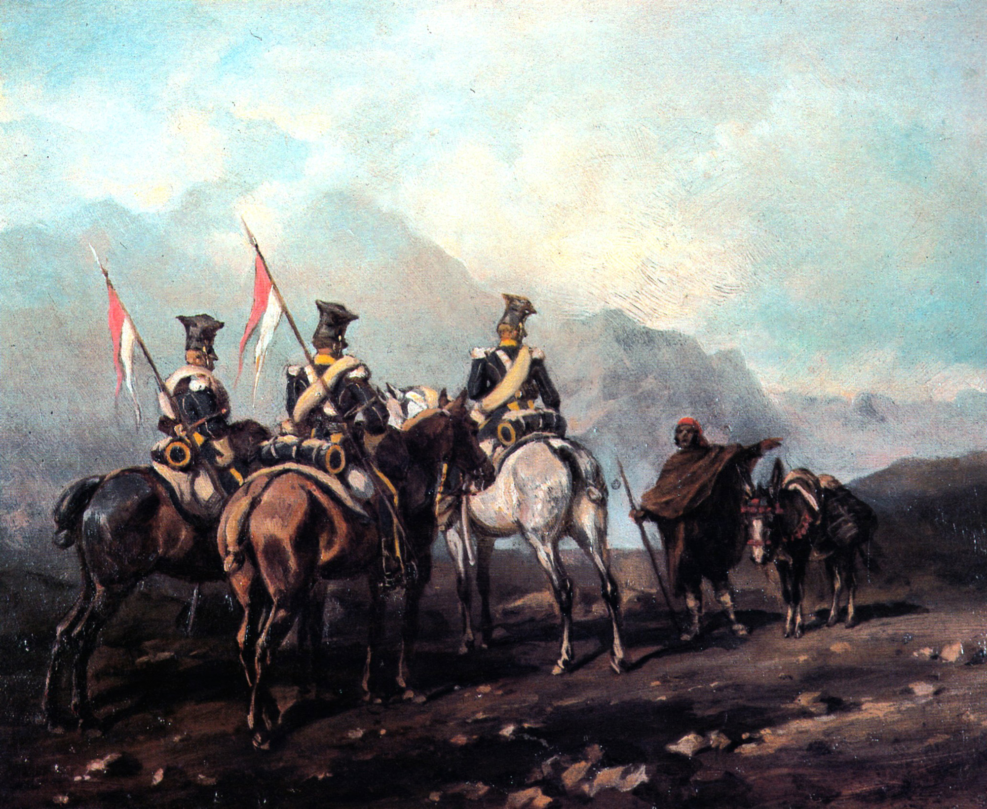 Patrol ułanów z Legii Nadwiślańskiej w Hiszpanii; obraz Juliusza Kossaka, 1875 r.