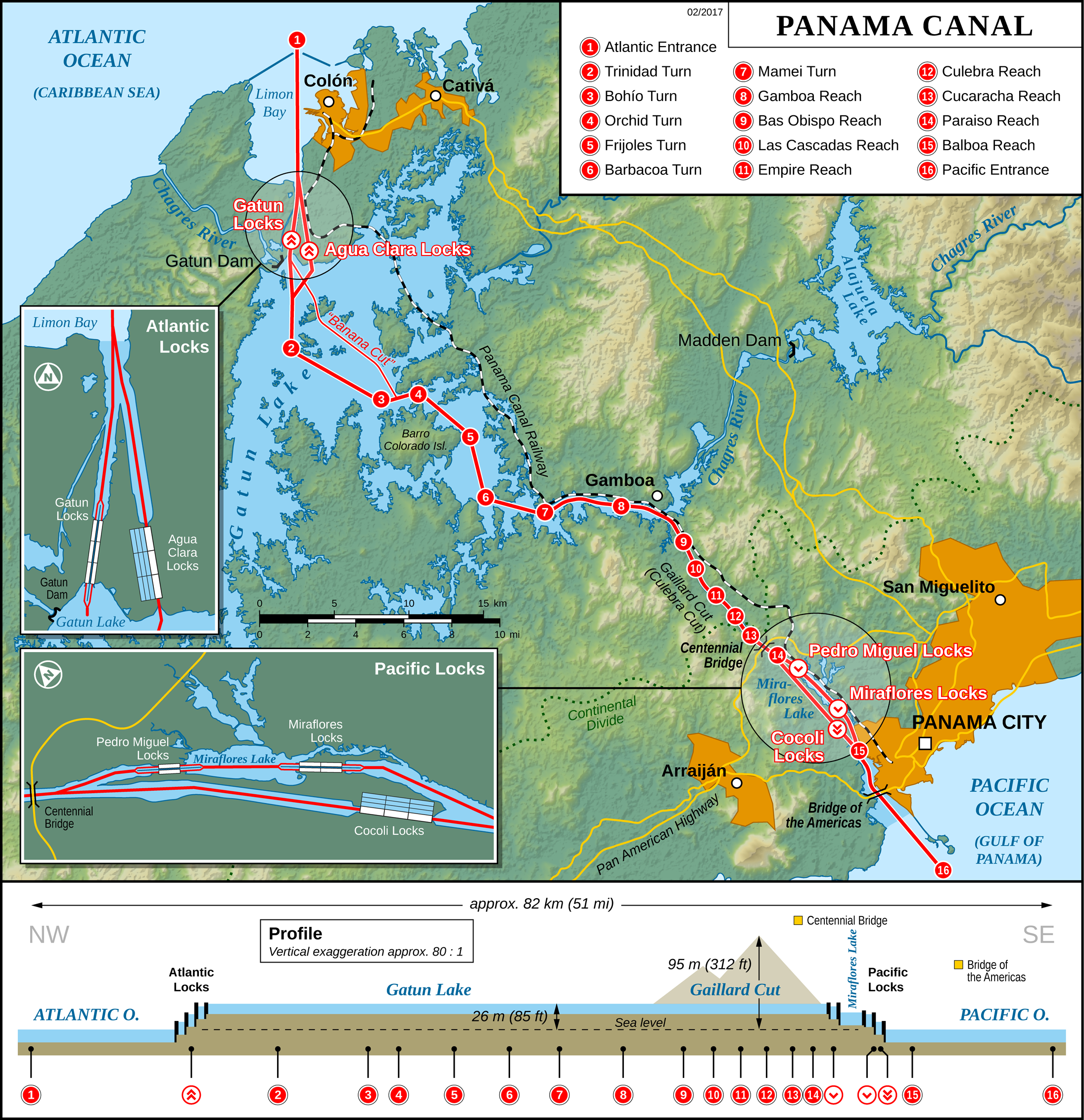 Kanał Panamski – mapa fizyczna z zaznaczonym przebiegiem biegnącej równolegle linii kolejowej