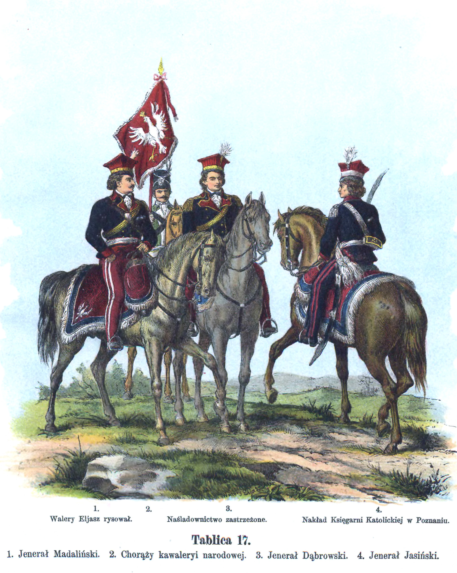 Ułani z czasów powstania kościuszkowskiego; rys. Walerego Eljasza Radzikowskiego (Bolesław Twardowski, „Wojsko Polskie Kościuszki w roku 1794”, Nakładem Księgarni Katolickiej, Poznań 1894; ze zbiorów Biblioteki Uniwersyteckiej w Poznaniu)