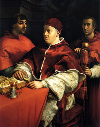 Leon X (1475–1521), portret autorstwa Rafaela, 1518/1519 r. (ze zbiorów Galerii Uffizi we Florencji, nr inw. G 2366)