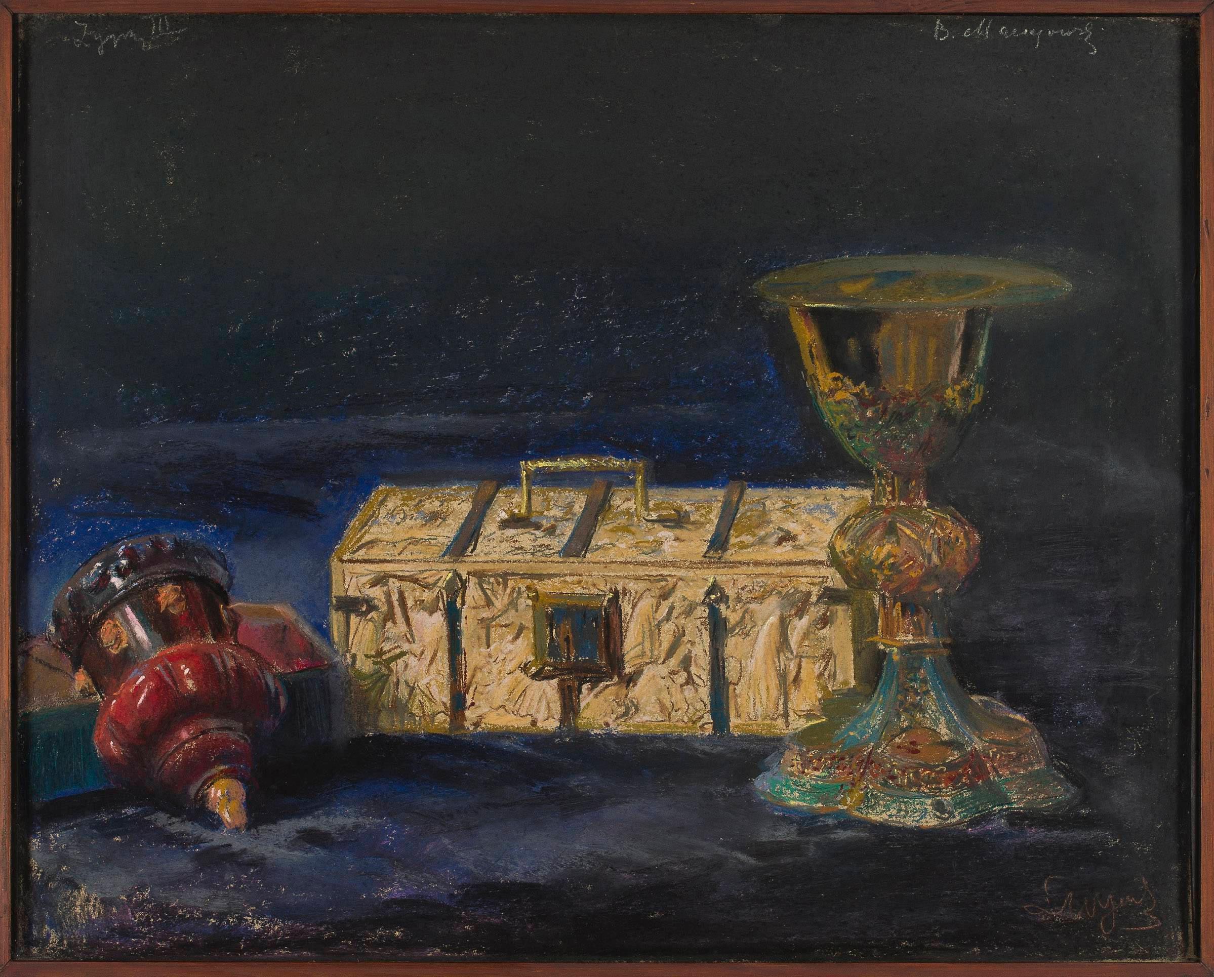 Leon Wyczółkowski: Kielich biskupa Maciejowskiego, tzw. skrzyneczka królowej Jadwigi i pucharek „roboty króla Zygmunta III”, 1907 r. (ze zbiorów Muzeum Narodowego w Warszawie, nr inw. 180842 MNW)
