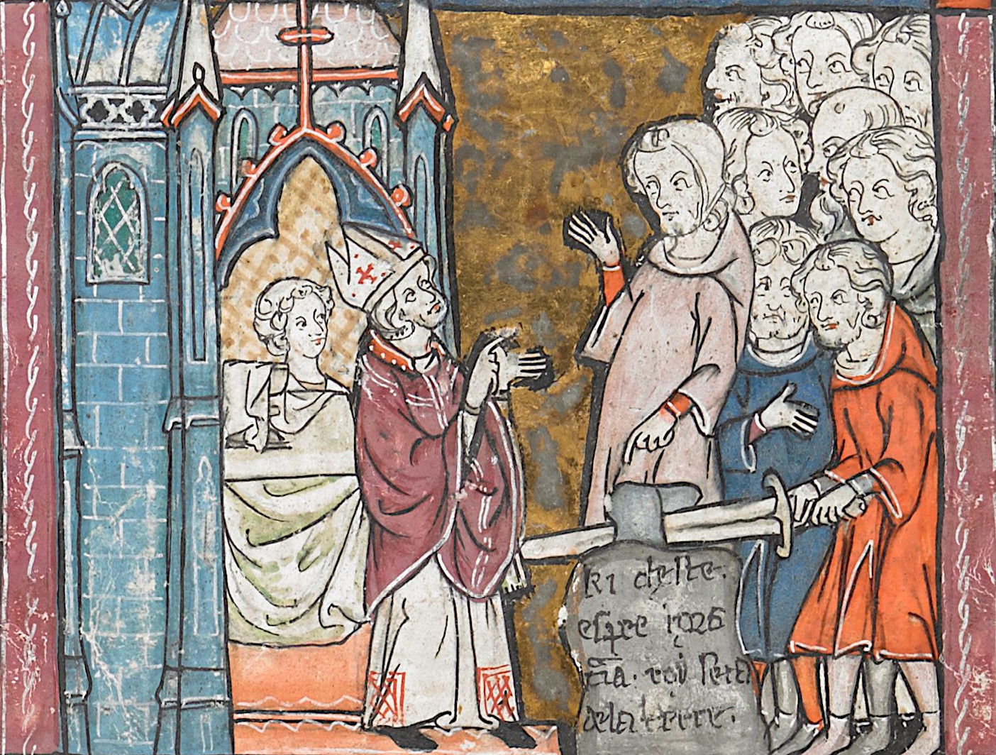 Artur wyciągający magiczny miecz z kamienia, miniatura z „Historii Merlina” (cykl Lancelot-Graal), ok. 1230 r. (ze zbiorów British Library, Add MS 10292, f.99r)
