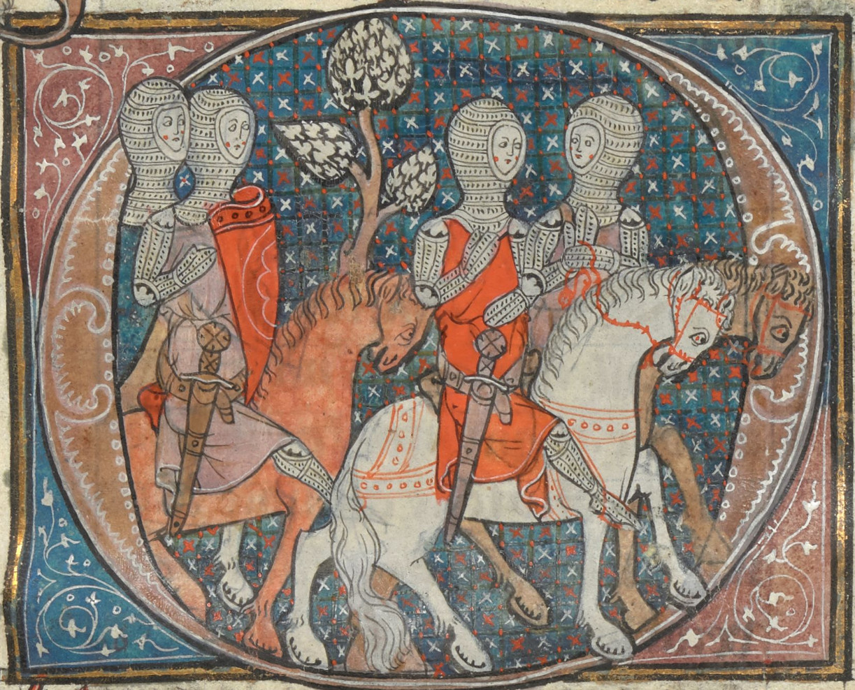 Rycerze okrągłego stołu. Miniatura z XIV-wiecznego rękopisu „Księgi Merlina” Roberta z Boron (ze zbiorów British Library, Add MS 38117, f.216r)