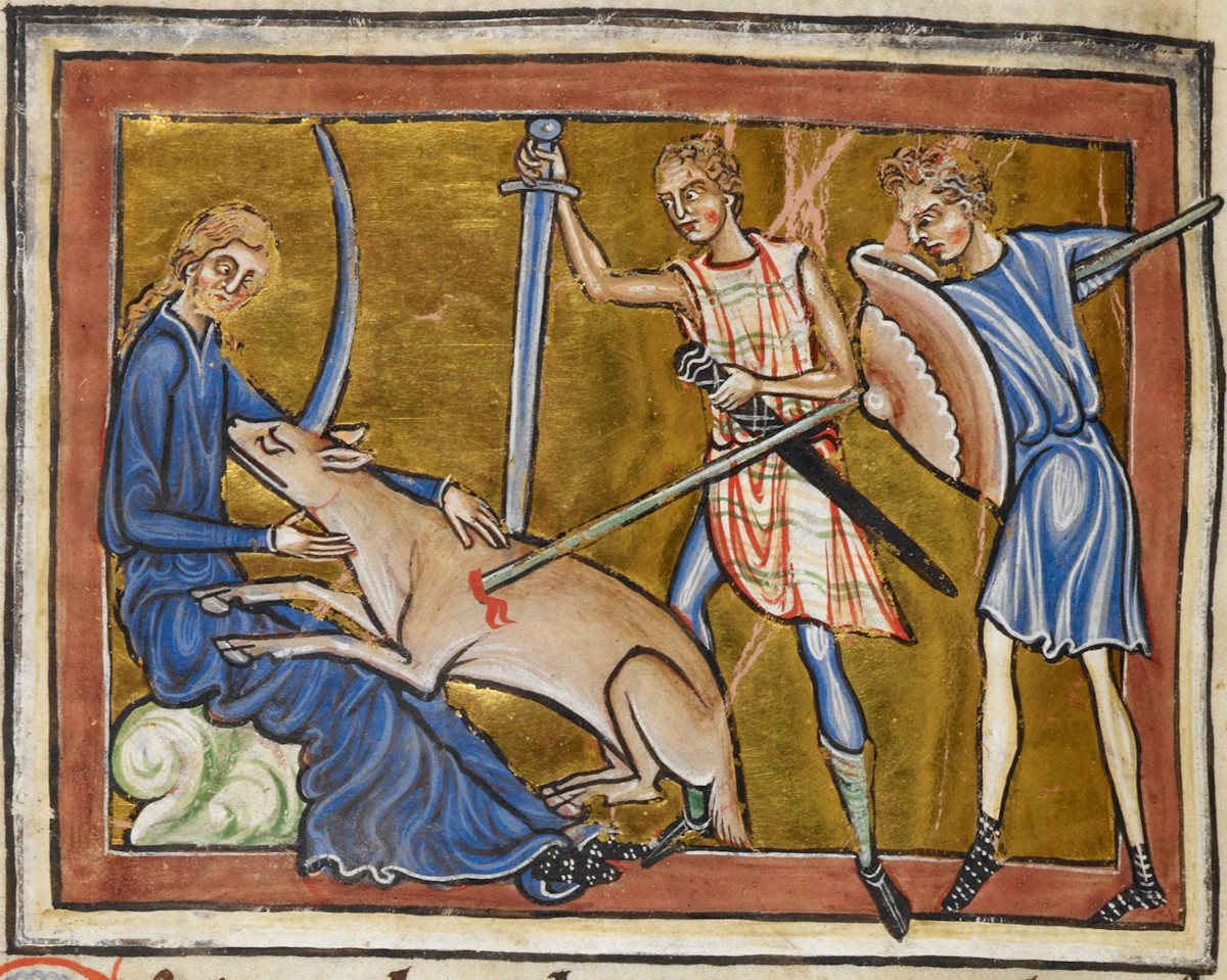Mężczyźni zabijają jednorożca ufnie leżącego na łonie dziewicy; ilustracja z angielskiego bestiariusza z pierwszej ćwierci XIII wieku (ze zbiorów British Library, Royal 12 C XIX)